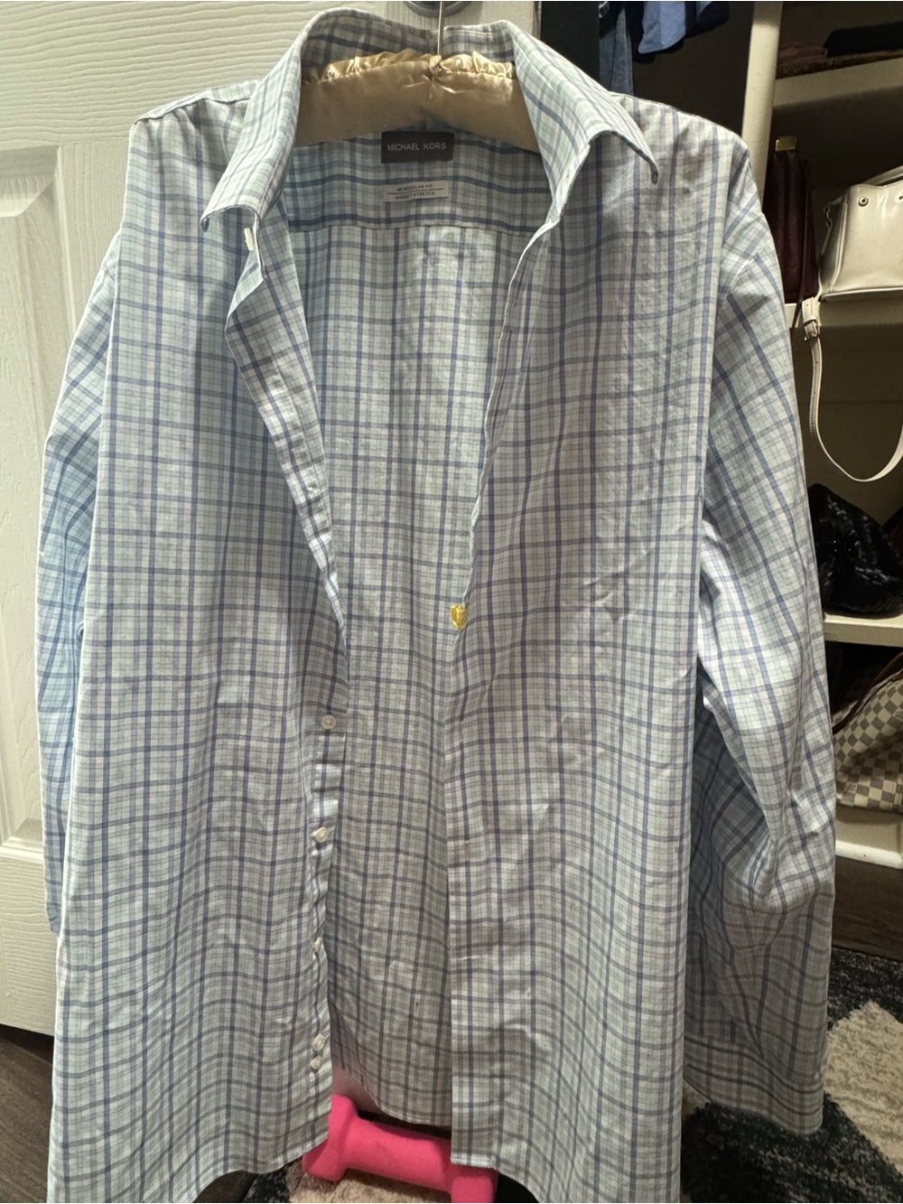 Michael Kors Men's Light Blue and White Plaid Button-Down Shirt